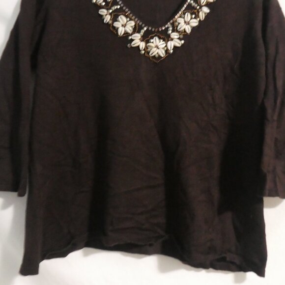 JESSICA | large | Brown V-Neck Sweater with Sequin & Sea Shell Floral Design - Picture 7 of 15